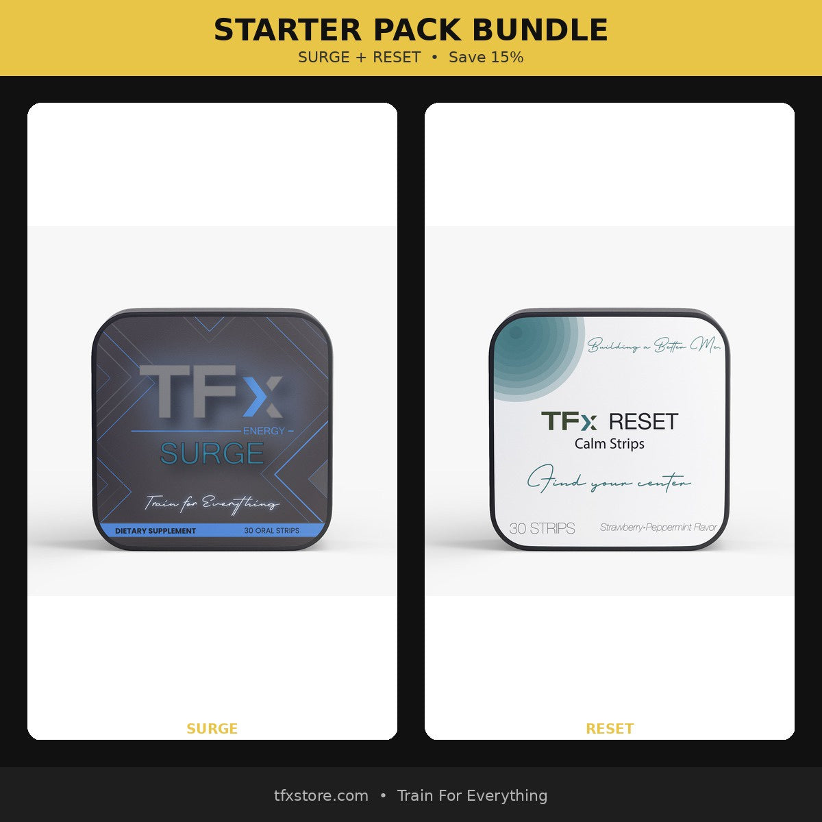 TFX Starter Pack Bundle with 'Surge' and 'Reset' products on a white background.